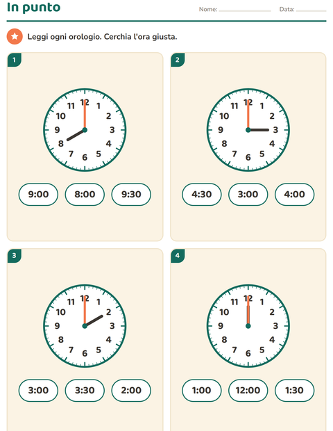 Anteprima della scheda di Leggere l'orologio per Scuola primaria classe prima