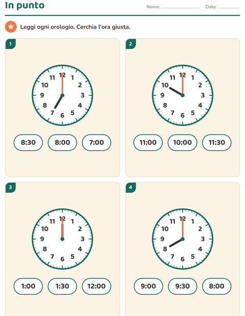 Anteprima della scheda di Leggere l'orologio per Scuola primaria classe prima