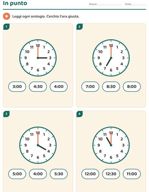 Anteprima della scheda di Leggere l'orologio per Scuola primaria classe prima