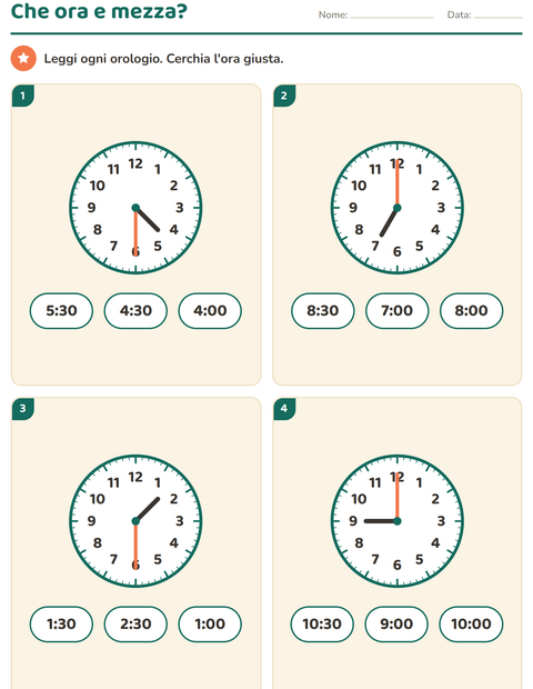 Anteprima della scheda di Leggere l'orologio per Scuola primaria classe prima