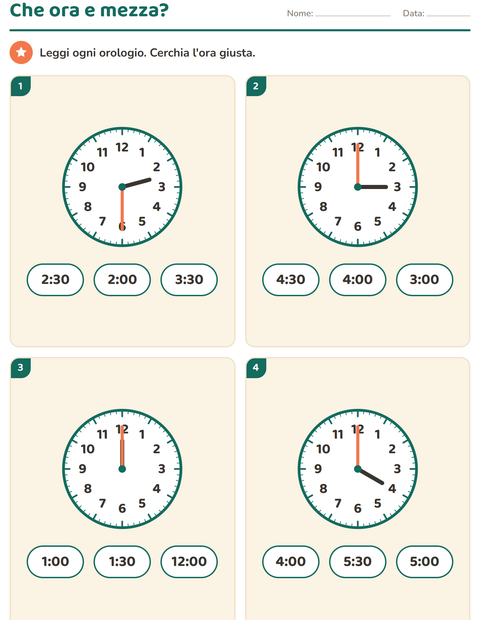 Anteprima della scheda di Leggere l'orologio per Scuola primaria classe prima