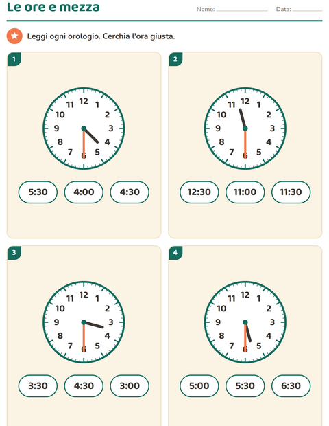 Anteprima della scheda di Leggere l'orologio per Scuola primaria classe prima