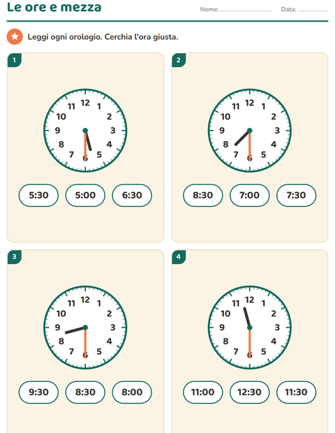 Anteprima della scheda di Leggere l'orologio per Scuola primaria classe prima