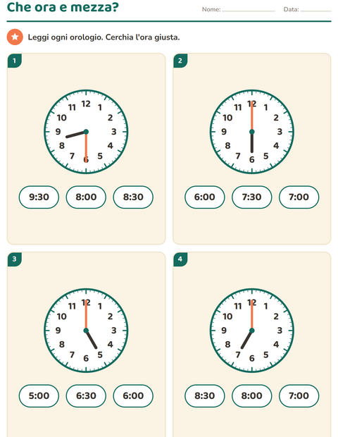 Anteprima della scheda di Leggere l'orologio per Scuola primaria classe prima