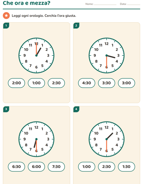 Anteprima della scheda di Leggere l'orologio per Scuola primaria classe prima