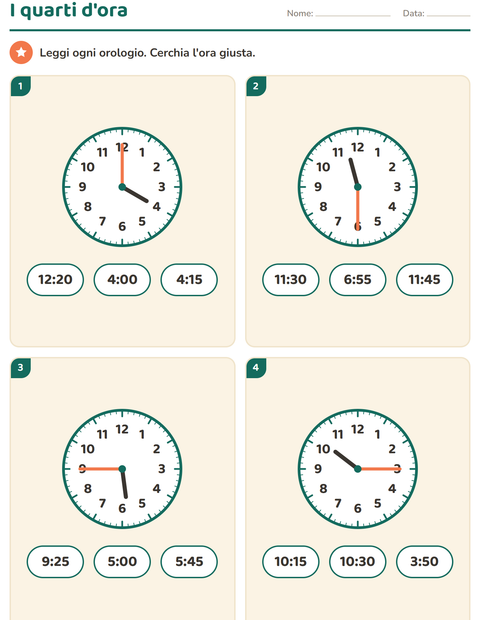 Anteprima della scheda di Leggere l'orologio per Scuola primaria classe seconda