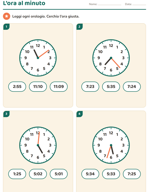 Anteprima della scheda di Leggere l'orologio per Scuola primaria classe terza