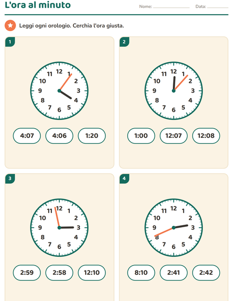 Anteprima della scheda di Leggere l'orologio per Scuola primaria classe terza