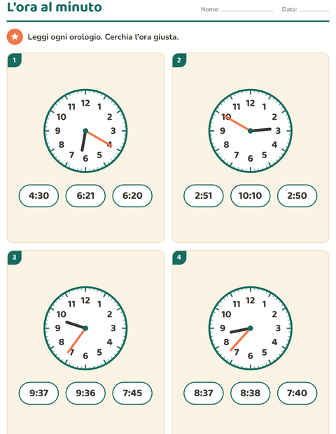 Anteprima della scheda di Leggere l'orologio per Scuola primaria classe terza