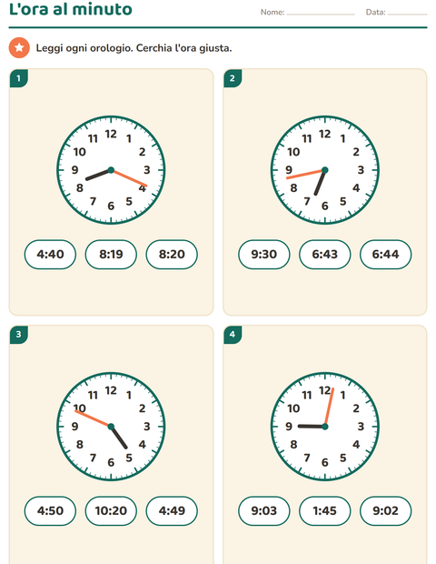 Anteprima della scheda di Leggere l'orologio per Scuola primaria classe terza