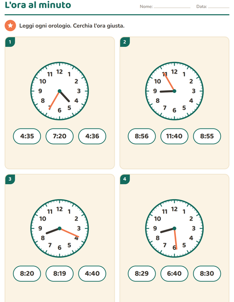 Anteprima della scheda di Leggere l'orologio per Scuola primaria classe terza
