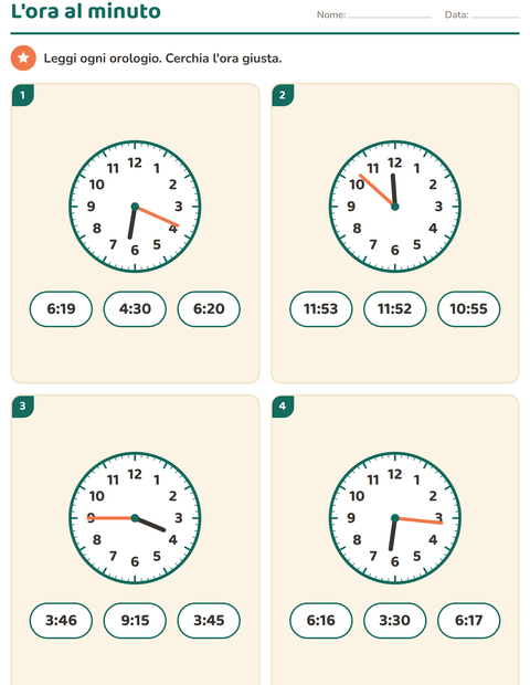 Anteprima della scheda di Leggere l'orologio per Scuola primaria classe terza