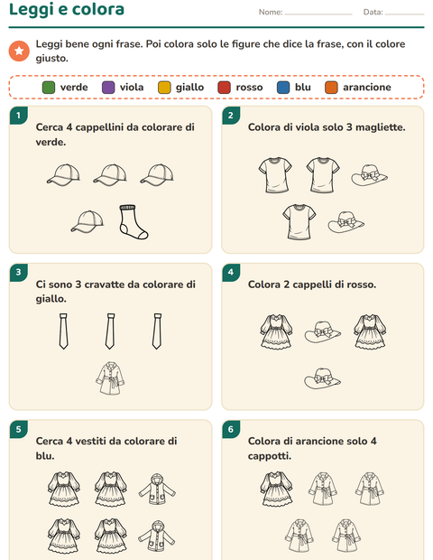 Anteprima della scheda di Leggi e colora con Abbigliamento BN per Scuola primaria classe prima