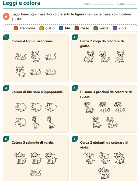 Anteprima della scheda di Leggi e colora con Animali BN 2 per Scuola primaria classe prima