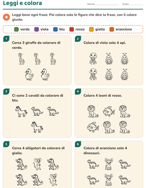 Anteprima della scheda di Leggi e colora con Animali BN 3 per Scuola primaria classe prima