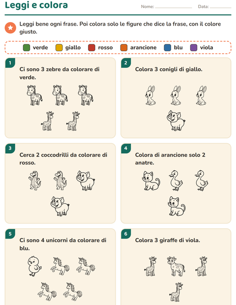 Anteprima della scheda di Leggi e colora con Animali BN 4 per Scuola primaria classe prima