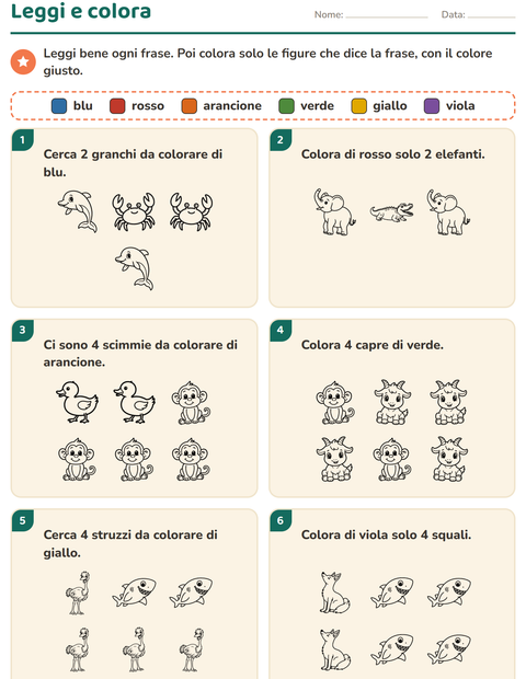 Anteprima della scheda di Leggi e colora con Animali BN 5 per Scuola primaria classe prima