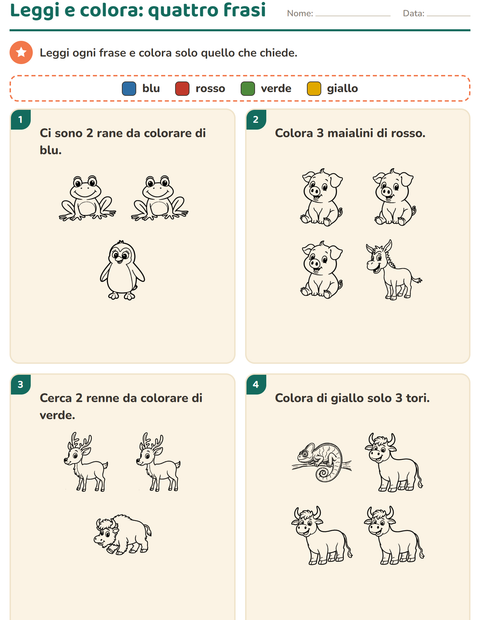 Leggi e colora: quattro frasi, quattro colori e gli animali in bianco e nero