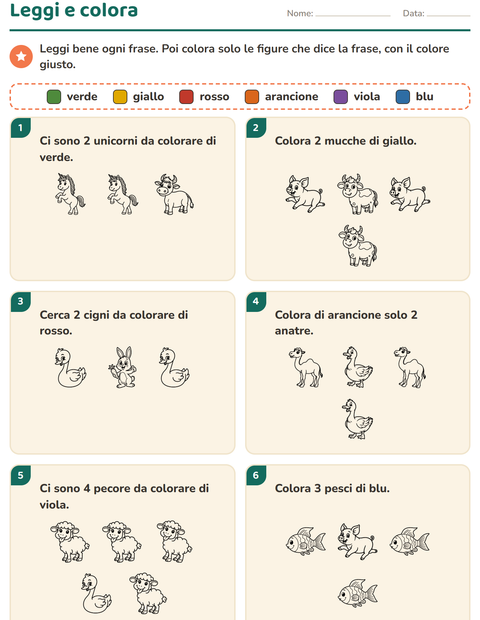 Anteprima della scheda di Leggi e colora con Animali della fattoria BN per Scuola primaria classe prima