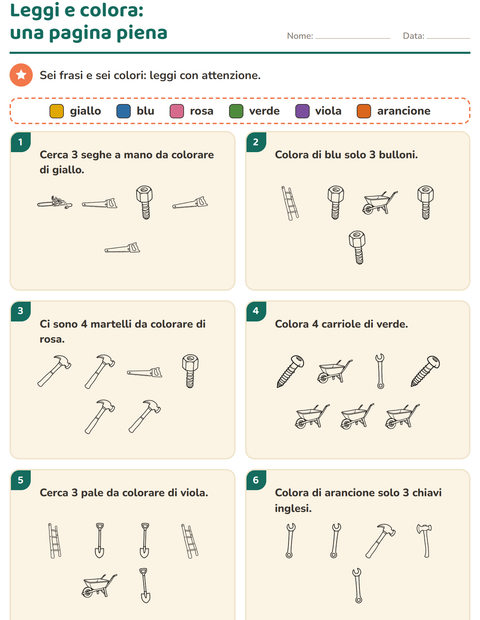 Anteprima della scheda di Leggi e colora con Attrezzi BN per Scuola primaria classe prima
