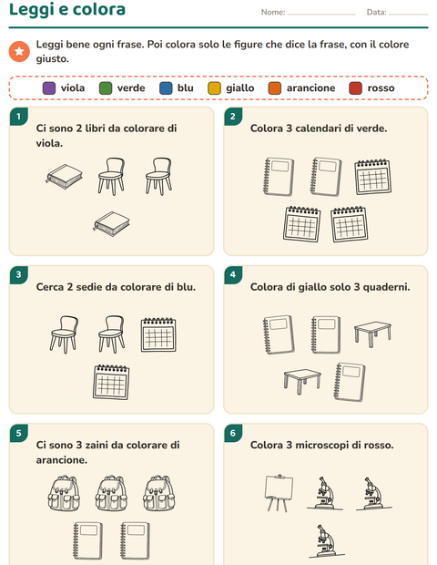 Anteprima della scheda di Leggi e colora con Aula 2 (B/N) per Scuola primaria classe prima