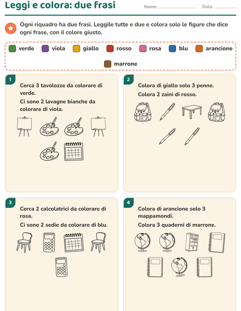 Anteprima della scheda di Leggi e colora con Aula 2 (B/N) per Scuola primaria classe prima