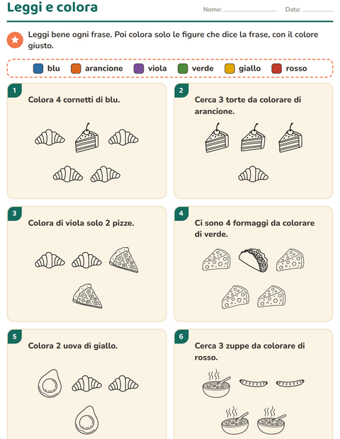 Anteprima della scheda di Leggi e colora con Cibo BN 2 per Scuola primaria classe prima