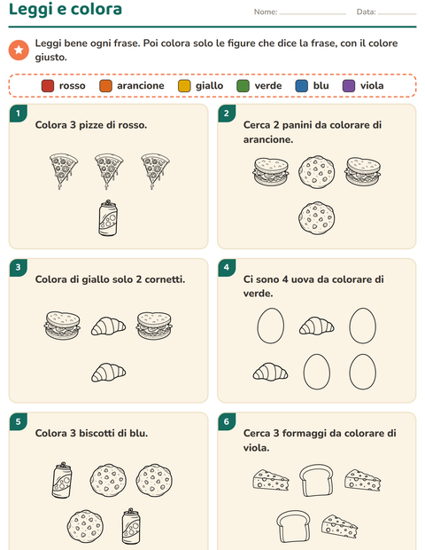 Anteprima della scheda di Leggi e colora con Cibo BN 3 per Scuola primaria classe prima
