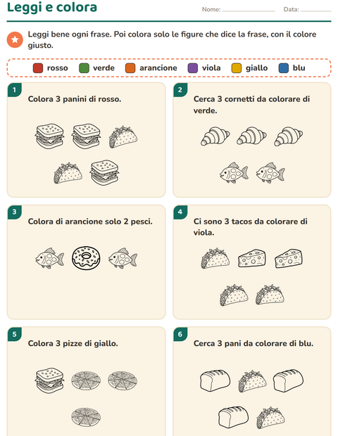 Anteprima della scheda di Leggi e colora con Cibo BN per Scuola primaria classe prima