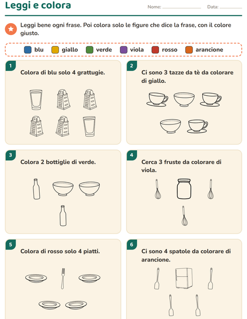 Anteprima della scheda di Leggi e colora con Cucina BN per Scuola primaria classe prima