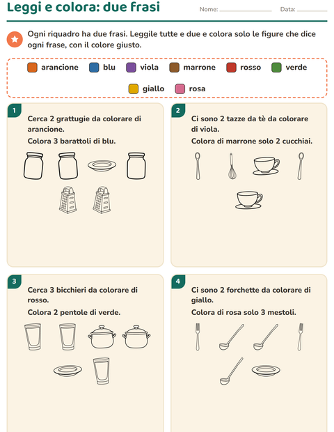 Anteprima della scheda di Leggi e colora con Cucina BN per Scuola primaria classe prima