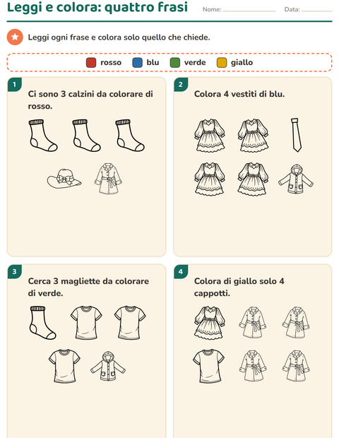 Anteprima della scheda di Leggi e colora con Abbigliamento BN per Scuola primaria classe prima