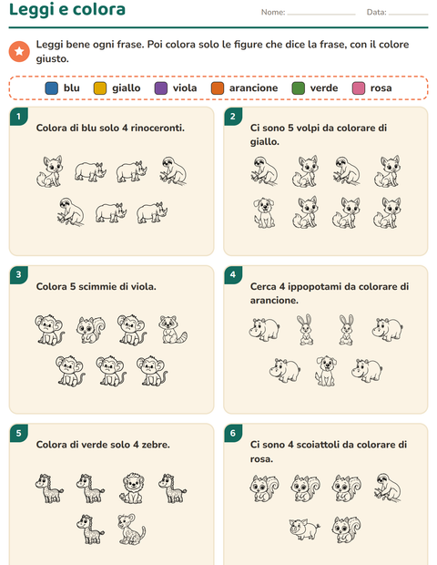 Anteprima della scheda di Leggi e colora con Animali BN 2 per Scuola primaria classe prima