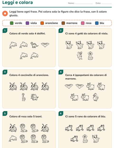 Anteprima della scheda di Leggi e colora con Animali BN 3 per Scuola primaria classe prima