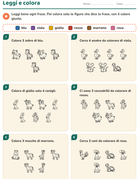 Anteprima della scheda di Leggi e colora con Animali BN 4 per Scuola primaria classe prima