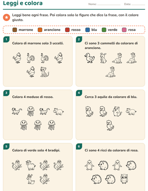 Anteprima della scheda di Leggi e colora con Animali BN 5 per Scuola primaria classe prima