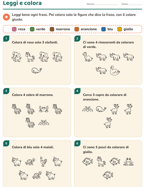 Anteprima della scheda di Leggi e colora con Animali BN per Scuola primaria classe prima