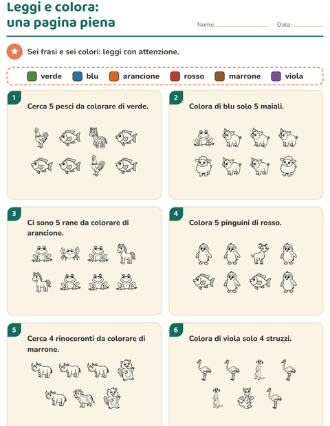 Anteprima della scheda di Leggi e colora con Animali BN per Scuola primaria classe prima