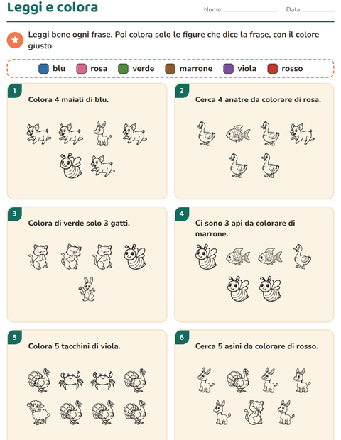 Anteprima della scheda di Leggi e colora con Animali della fattoria BN per Scuola primaria classe prima
