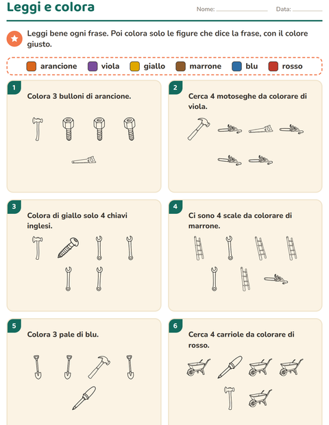 Anteprima della scheda di Leggi e colora con Attrezzi BN per Scuola primaria classe prima