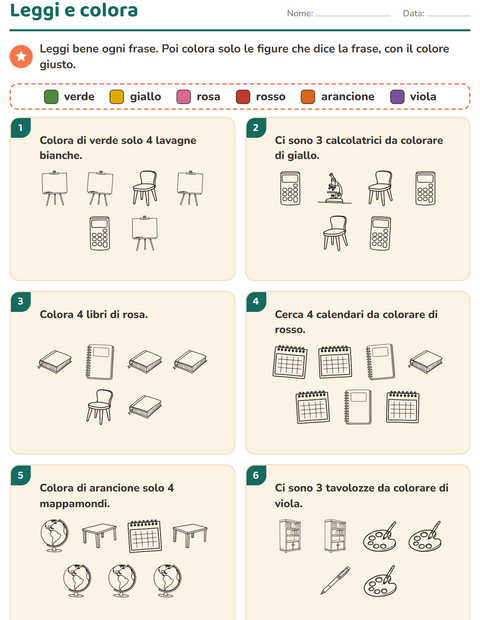 Anteprima della scheda di Leggi e colora con Aula 2 (B/N) per Scuola primaria classe prima