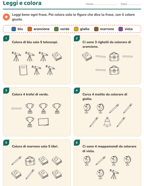Anteprima della scheda di Leggi e colora con Aula (B/N) per Scuola primaria classe prima