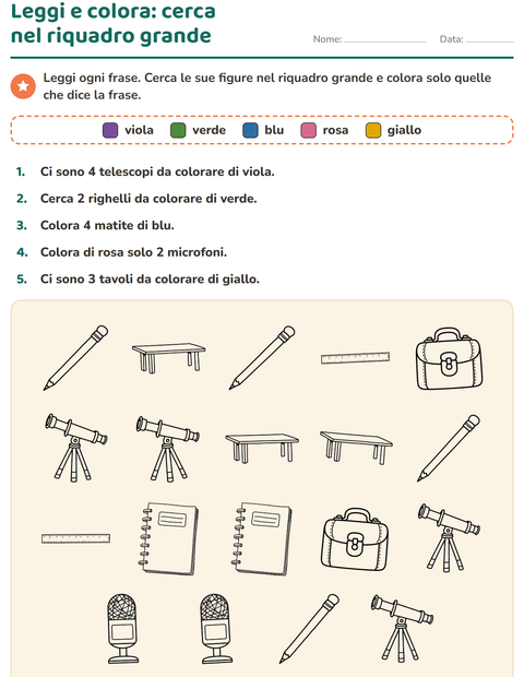 Anteprima della scheda di Leggi e colora con Aula (B/N) per Scuola primaria classe prima