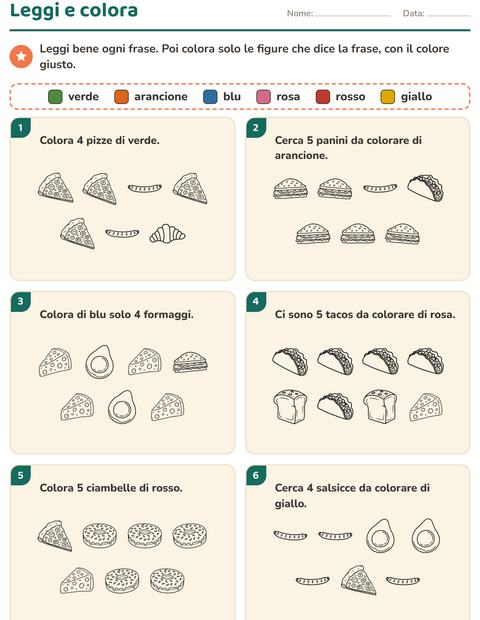 Anteprima della scheda di Leggi e colora con Cibo BN 2 per Scuola primaria classe prima