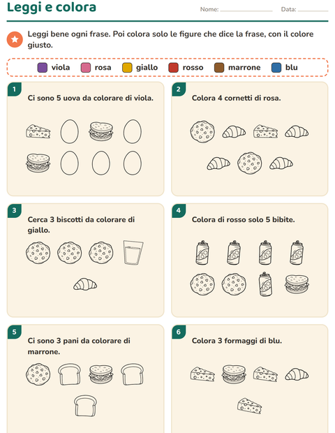Anteprima della scheda di Leggi e colora con Cibo BN 3 per Scuola primaria classe prima