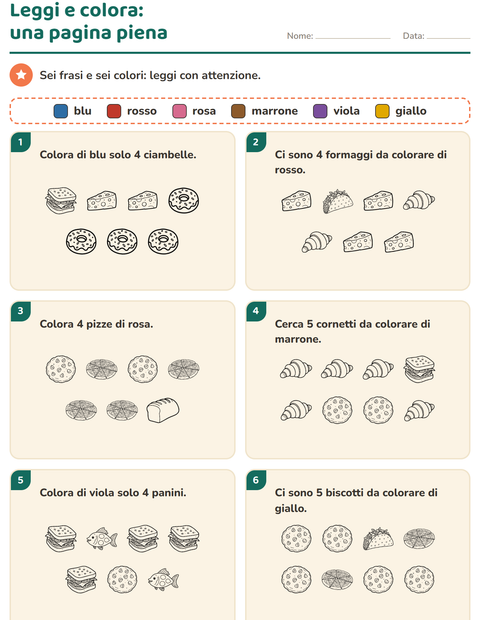 Anteprima della scheda di Leggi e colora con Cibo BN per Scuola primaria classe prima