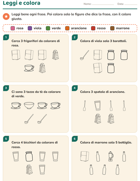Anteprima della scheda di Leggi e colora con Cucina BN per Scuola primaria classe prima