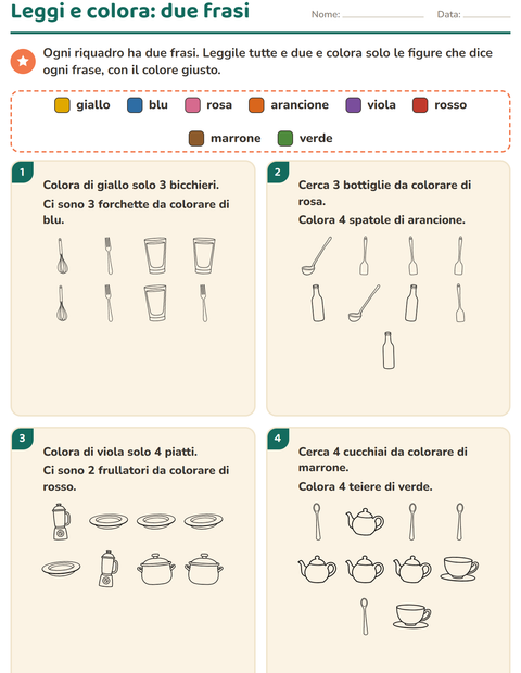 Anteprima della scheda di Leggi e colora con Cucina BN per Scuola primaria classe prima
