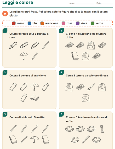 Anteprima della scheda di Leggi e colora con Istruzione BN per Scuola primaria classe prima