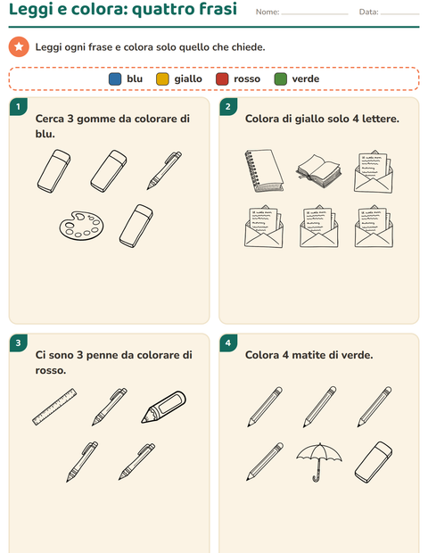 Anteprima della scheda di Leggi e colora con Istruzione BN per Scuola primaria classe prima